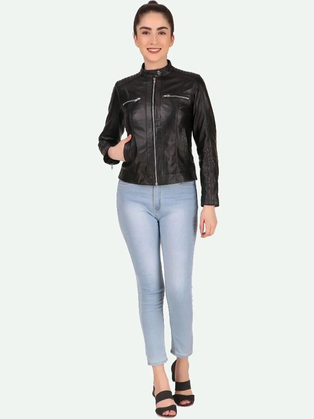 Women Black Leather Crop Outdoor Biker Jacket