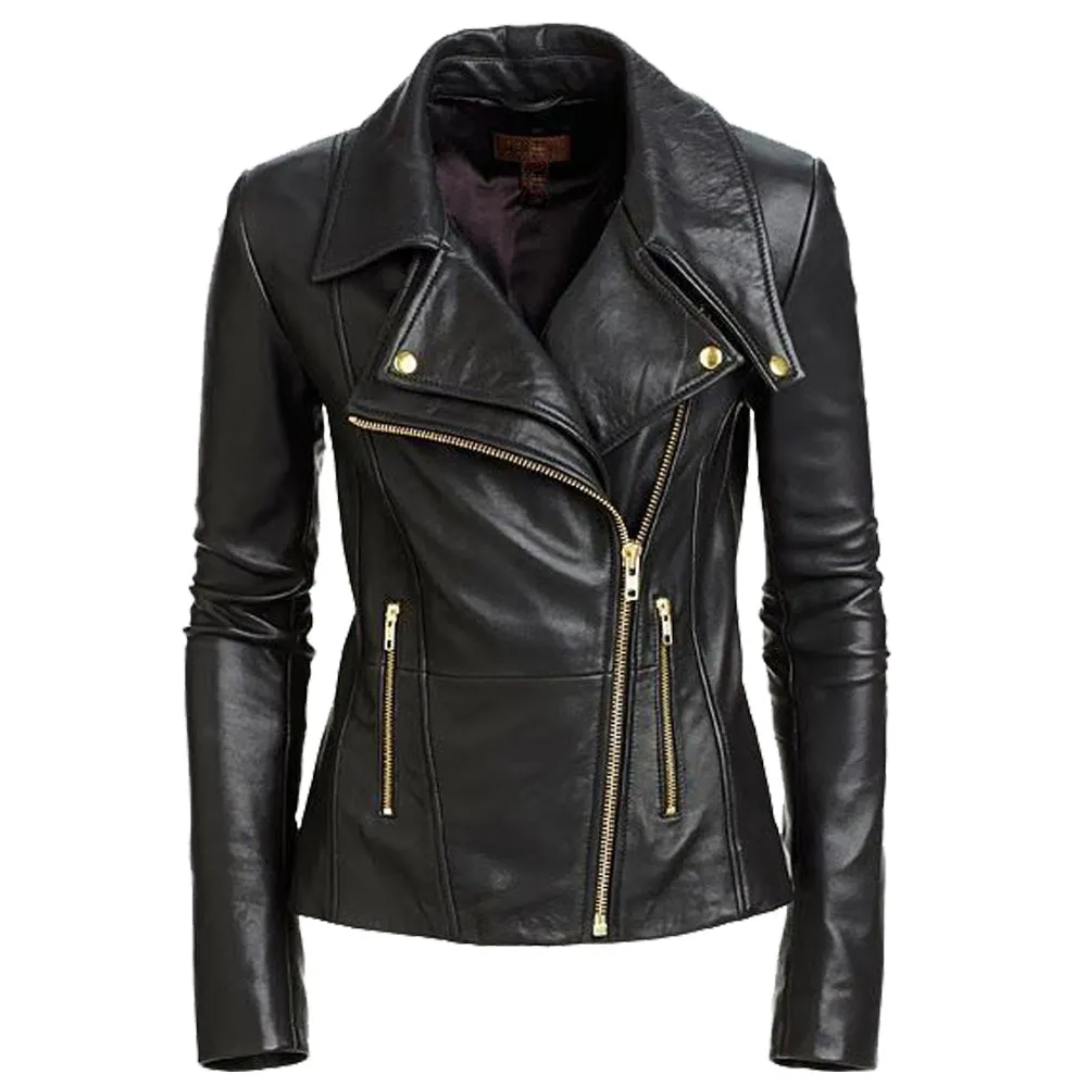 Women Motorcycle Rider Golden Button Black Leather Jacket