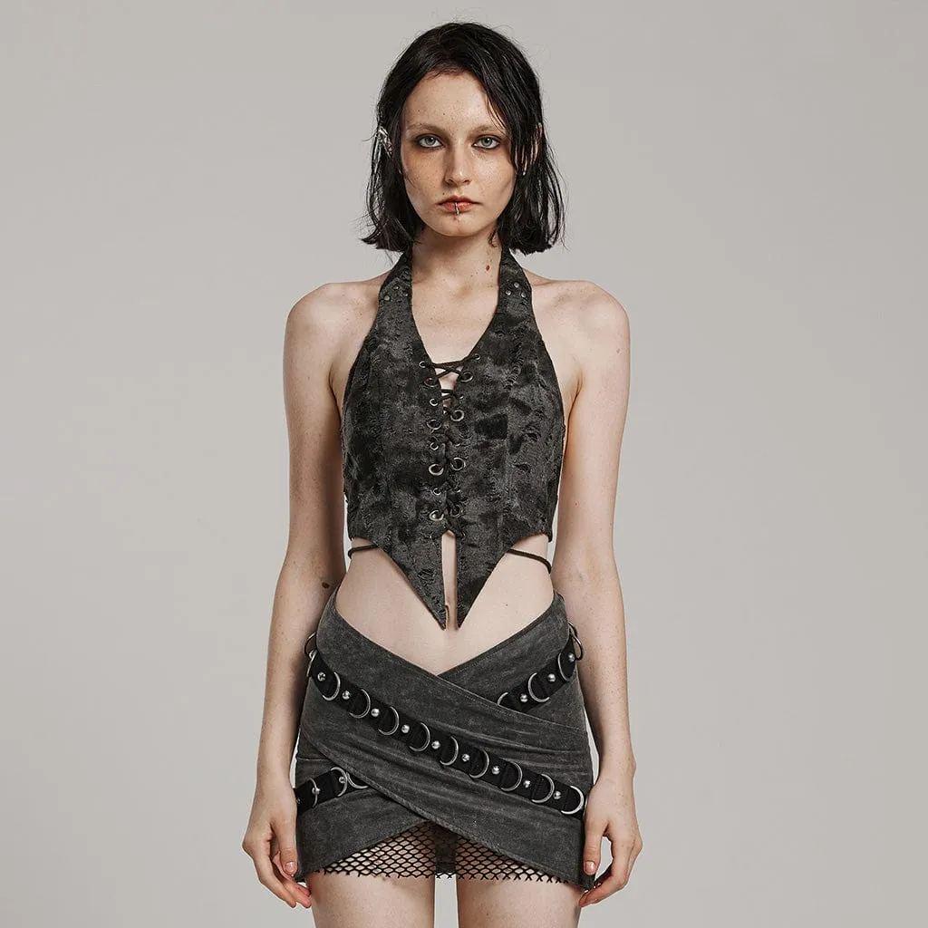 Women's Punk Lace-Up Buckle Halter Vest